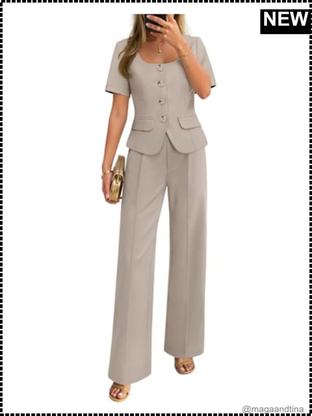 Women's Two Piece Suit Set Short Sleeve Blazer & Pants Business Casual